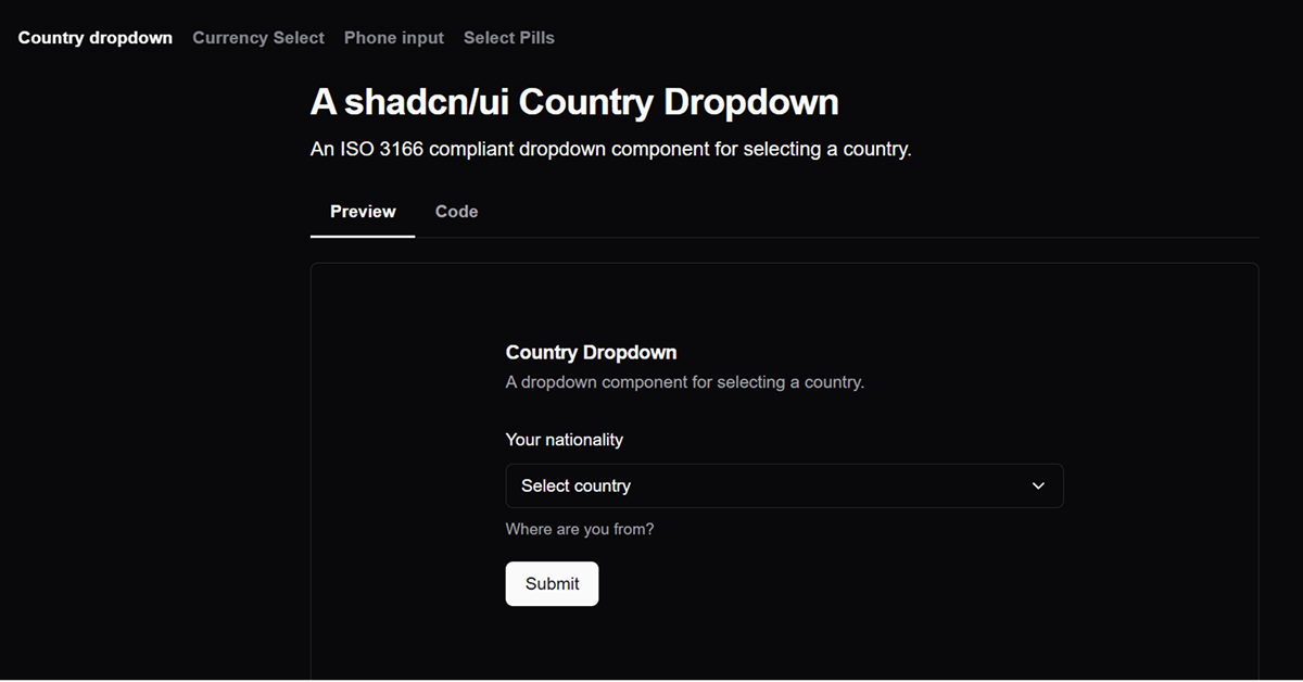 Shadcn Country Dropdown