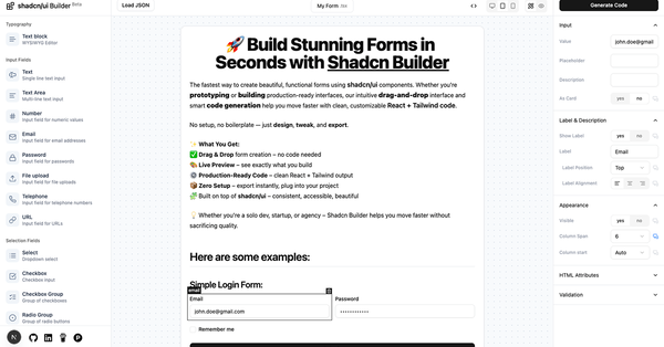 Shadcn Builder: No-Code Form Builder